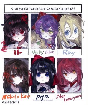 6+girls aya_drevis black_hair blonde_hair blood blood_on_face blue_eyes bow brown_hair character_name chinese_commentary closed_mouth collared_shirt commentary_request ellen_(majo_no_ie) english_text expressionless eyelashes flower frown green_eyes hair_bow hair_ribbon haruyama_ako himeno_mikoto ib_(ib) ib_(kouri) japanese_clothes kaii_shoukougun ketsu_en kimono long_hair mad_father majo_no_ie multiple_drawing_challenge multiple_girls purple_hair rachel_gardner red_bow red_eyes red_flower red_hair red_ribbon red_rose ribbon rose sailor_collar satsuriku_no_tenshi shirt six_fanarts_challenge smile tareme viola_(majo_no_ie) white_kimono white_shirt yellow_eyes yimuqianli85418