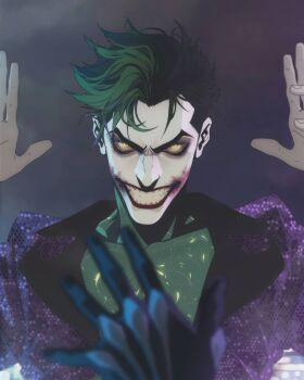1boy batman_(series) blood bodysuit dc_comics gloves grin hands_up highres jacket looking_at_viewer makeup male_focus non-web_source pontyk_blya smile solo teeth the_joker upper_body