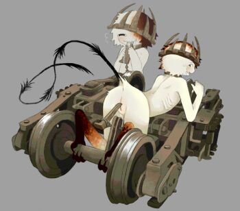 1boy anus black_feet black_tail chibi chibi_inset commentary crown cuntboy drooling ember_(jejejunum) english_commentary feet grey_background headgear highres imminent_penetration jejejunum leg_markings locomotive markings mechanophilia monster_boy multiple_views mythological_creature open_mouth pussy ribs saliva simple_background smile solo sweat tail white_fur