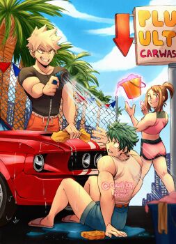 1boy 2girls bakugou_katsuki black_shirt blonde_hair blue_shorts blue_sky blush_stickers boku_no_hero_academia brown_eyes brown_hair bucket car car_wash_(place) cloud commentary dolphin_shorts english_commentary film_grain freckles green_eyes green_hair grin high_ponytail highres holding holding_hose hose hose_nozzle mica_(c_killjoy) midoriya_izuku motor_vehicle multiple_girls muscle_car muscular muscular_male one_eye_closed pink_shorts ponytail red_eyes sandals shirt short_shorts shorts sitting sky smile soap_bubbles sponge spraying tank_top uraraka_ochako watermark wet white_tank_top