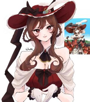 1girl alternate_costume animal_ears breasts chasouko cleavage closed_mouth collarbone commentary_request gentildonna_(umamusume) gloves hair_between_eyes hair_ornament hair_rings hat highres horse_ears looking_at_viewer portrait red_eyes reference_sheet ribbon smile solo umamusume white_background