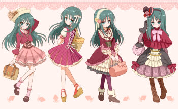 Rule 34 | 10s, 1girl, alternate costume, animal print, arm behind head, bag, blush, bookbag, boots, bow, capelet, crossed arms, dress, frills, frown, gloves, green hair, hair ribbon, hairband, hat, lolita fashion, lolita hairband, long hair, looking back, minashiro orihime, mini hat, mini top hat, multiple views, pantyhose, ribbon, sakaki tsui, sandals, shoulder bag, socks, soukyuu no fafner, squid, squid print, top hat