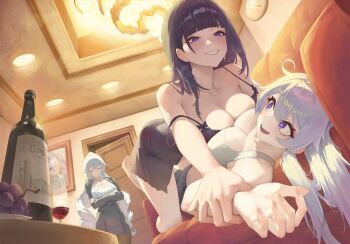 Rule 34 | 3girls, assertive female, babydoll, bare shoulders, black babydoll, black skirt, blonde hair, blue eyes, bottle, breast press, breasts, bronya zaychik, bronya zaychik (silverwing: n-ex), bronya zaychik (wolf's dawn), cleavage, closed eyes, commentary, crossed arms, cup, diamond-shaped pupils, diamond (shape), disappointed, drinking glass, et0, fingernails, food, fruit, girl on top, grapes, grey hair, grin, highres, holding another's wrist, honkai (series), honkai impact 3rd, indoors, kiana kaslana, kiana kaslana (herrscher of finality), large breasts, long hair, multiple girls, naughty face, nervous smile, official alternate costume, purple eyes, purple hair, raiden mei, raiden mei (apho), skirt, smile, strap slip, symbol-shaped pupils, symmetrical docking, thighs, untranslatable commentary, very long hair, white hair, wine bottle, wine glass, yuri