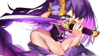 1girl absurdres alternate_costume armpit_crease ayu_(user_xkhp7843) bare_shoulders blunt_bangs braid breasts cleavage commentary_request floating_hair genshin_impact gradient_hair hair_floating_upwards hair_ornament highres holding holding_sword holding_weapon japanese_clothes katana kimono leaning_forward leaning_to_the_side light_blush long_braid long_hair long_sleeves looking_at_viewer looking_to_the_side multicolored_eyes multicolored_hair musou_isshin_(genshin_impact) off_shoulder purple_eyes purple_hair purple_kimono raiden_shogun shade simple_background single_braid solo sword upper_body weapon white_background wide_sleeves wrist_cuffs