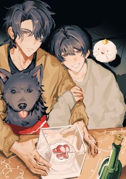 2boys :d biyoo_(omniscient_reader's_viewpoint) black_hair black_shirt bottle cake clenched_teeth commentary_request curtained_hair double-parted_bangs food hair_over_one_eye hand_on_another's_arm highres jpqaa5 kim_dokja korean_commentary long_sleeves looking_at_viewer multiple_boys omniscient_reader's_viewpoint open_mouth parted_lips shirt short_hair smile sweater teeth upper_body white_sweater wolf yellow_sweater yoo_joonghyuk