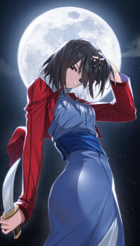 1girl absurdres adjusting_hair ass black_eyes black_hair blue_kimono breasts commentary_request full_moon highres holding holding_knife jacket japanese_clothes kara_no_kyoukai kimono knife korean_commentary looking_at_viewer medium_breasts moon night night_sky obi parted_lips piyo_(piyo8415) red_jacket reverse_grip ryougi_shiki sash short_hair sky solo