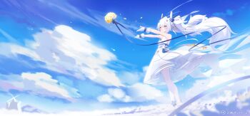 1girl absurdres animal_ears azur_lane blue_sky bouquet cloud dress flower full_body fur-trimmed_gloves fur_trim gloves highres laffey_(azur_lane) laffey_(white_rabbit&#039;s_oath)_(azur_lane) long_hair outdoors petticoat ponytail rabbit_ears red_eyes sky sleeveless sleeveless_dress solo standing throwing twitter_username wedding_dress white_dress white_gloves white_hair windmill z-wumi