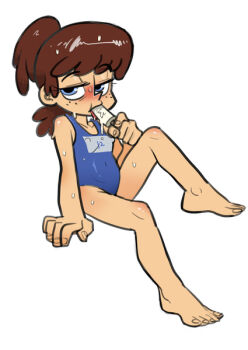blue_eyes blush brown_hair food freckles loli looking_at_viewer lynn_loud ponytail popsicle school_swimsuit sweat swimsuit the_loud_house