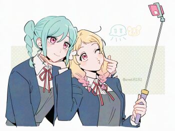 2girls aqua_hair bak_pep blonde_hair blue_jacket blush border braid braided_twintails cellphone cheek_poking closed_mouth collared_shirt dotted_background dress dress_shirt gradient_hair grey_dress hair_between_eyes hair_ornament hand_on_another&#039;s_chin holding holding_stick jacket long_hair long_sleeves looking_at_object looking_at_phone loose_hair_strand love_live! love_live!_superstar!! multicolored_hair multiple_girls one_eye_closed onitsuka_natsumi onitsuka_tomari open_clothes open_jacket phone pinafore_dress pink_eyes poking red_ribbon ribbon school_uniform selfie_stick shirt short_bangs siblings sideburns sidelocks simple_background sisters sleeveless sleeveless_dress smartphone smile stick taking_picture twin_braids twintails twitter_username white_border white_shirt winter_uniform yuigaoka_school_uniform