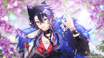 1girl algorhythm_project animal_ears aqua_eyes artist_request black_choker black_hair black_jacket blue_hair breasts choker dog_ears ear_piercing earrings fur_trim highres jacket jewelry latta_(algorhythm_project) long_hair multicolored_hair official_art piercing red_shirt shirt smile solo streaked_hair virtual_youtuber