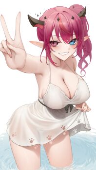 1girl :d absurdres alternate_costume arm_up bare_arms bare_shoulders blue_eyes breasts cleavage commentary double-parted_bangs dress english_commentary grin hair_between_eyes halo heterochromia highres hololive hololive_english horns irys_(hololive) large_breasts looking_at_viewer multicolored_hair open_mouth outstretched_arm paid_reward_available pointy_ears purple_eyes purple_hair red_hair see-through_clothes see-through_dress short_dress side_ponytail simple_background single_hair_streak skirt_hold smile solo somebody_(leiking00) spaghetti_strap star-shaped_pupils star_(symbol) star_halo streaked_hair symbol-shaped_pupils v virtual_youtuber wading white_background white_dress