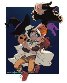 Rule 34 | 1boy, 1girl, black boots, black hat, black skirt, blue background, blush, boku no hero academia, boots, border, breasts, brown hair, choker, cloak, closed eyes, full body, green eyes, green hair, halloween costume, hand in another's hair, hat, highres, hood, hooded cloak, jack-o'-lantern, kiss, kissing cheek, medium breasts, medium hair, midoriya izuku, orange pants, orange shirt, pants, parted lips, patreon username, puffy short sleeves, puffy sleeves, red boots, red choker, shirt, short hair, short sleeves, skirt, upside-down, uraraka ochako, vanelover, white border, white cloak, wide-eyed, witch hat