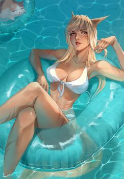 1girl 1other afloat animal_ears armpits bikini blonde_hair breasts breasts_apart cat_ears cat_eyes cat_tail caya_(cayadraws) crossed_legs fat_cat_(ff14) from_above front-tie_bikini_top front-tie_top innertube large_breasts long_hair looking_at_viewer medium_breasts miqo&#039;te narrow_waist navel playing_with_own_hair pool swim_ring swimsuit tagme tail warrior_of_light_(ff14) white_bikini yellow_eyes