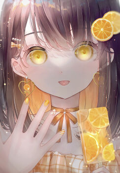 1girl absurdres bow brown_hair choker colored_inner_hair commentary_request earrings food food-themed_hair_ornament fruit fruit_popsicle hair_bow hair_ornament hairclip hand_up heart heart_earrings highres holding holding_food holding_popsicle jewelry kiwi500g long_hair looking_at_viewer multicolored_hair nail_polish off_shoulder orange_(fruit) orange_hair orange_hair_ornament orange_slice original pearl_earrings pearl_hair_ornament popsicle portrait ribbon_choker solo tongue tongue_out yellow_eyes