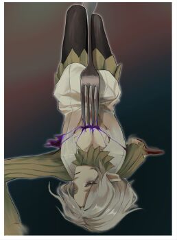 1boy absurdres black_eyes black_pantyhose bleeding blood blue_background border brown_background chinese_commentary commentary_request dungeon_meshi elf expressionless feet_out_of_frame fork from_above grey_hair highres injury knees_up lying ma_ppppp male_focus mithrun notched_ear on_back one_eye_closed outline pantyhose pointy_ears purple_blood shirt short_hair solo stab stylized_blood torn_clothes torn_shirt two-tone_background white_border white_outline white_shirt