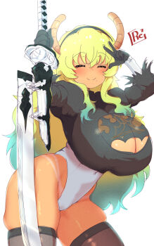 1girl 2b_(nier:automata) 2b_(nier:automata)_(cosplay) bikini_tan black_shirt black_thighhighs blonde_hair blush breasts cleavage cleavage_cutout closed_eyes clothing_cutout commentary_request cosplay covered_navel dragon_horns gradient_hair green_hair hair_between_eyes highleg highleg_leotard highres holding holding_sword holding_weapon horns huge_breasts kobayashi-san_chi_no_maidragon leotard lucoa_(maidragon) multicolored_hair reiwa_rerere shirt skindentation smile solo sword tan tanline thighhighs thighs v wavy_hair wavy_sidelocks weapon white_leotard