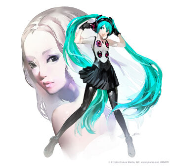 2girls absurdres black_gloves boots brown_hair copyright_notice gloves green_eyes green_hair hatsune_miku highres multiple_girls namie_amuro official_art persona persona_4:_dancing_all_night persona_dancing real_life smile soejima_shigenori thigh_boots third-party_source treble_clef twintails vocaloid watermark web_address