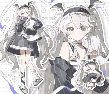 1girl ame_ame bare_shoulders black_choker black_hairband black_skirt chibi choker closed_mouth commission frilled_choker frilled_hairband frilled_skirt frills full_body grey_eyes grey_hair grey_slippers hairband head_wings heterochromia highres jacket long_hair looking_at_viewer multiple_views open_clothes open_jacket original outline pointy_ears shirt skirt sleeveless sleeveless_shirt slippers socks standing standing_on_one_leg striped_clothes striped_jacket twintails vertical-striped_clothes vertical-striped_jacket watermark white_background white_eyes white_outline white_shirt white_socks wings