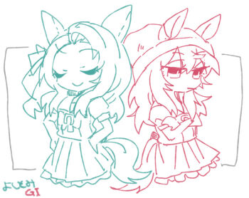 2girls animal_ears beanie beer_hsk bow closed_eyes closed_mouth commentary_request crossed_arms ears_through_headwear forehead hair_bow hat horse_ears horse_girl horse_tail king_halo_(umamusume) long_hair multiple_girls multiple_monochrome nakayama_festa_(umamusume) one_side_up parted_bangs pleated_skirt puffy_short_sleeves puffy_sleeves school_uniform shirt short_sleeves skirt smile tail tracen_school_uniform translation_request umamusume white_background