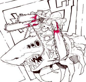 Rule 34 | 1girl, blood, bloody weapon, breasts, chain, chainsaw, chainsaw man, cleavage, extra eyes, eyeball, fins, greyscale, hat, head fins, helmet, highres, komeiji koishi, midriff, monochrome, monster, navel, rampa93, riding, shark, sharp teeth, shirt, skirt, solo, spot color, teeth, thighhighs, third eye, tongue, tongue out, touhou, weapon
