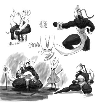 ... 2girls absurdres alternate_muscle_size arthropod_girl bag boopie bracelet chakram cloak closed_eyes commentary english_commentary english_text health_bar height_difference highres hollow_knight hollow_knight:_silksong hornet_(hollow_knight) hug jewelry mask multiple_girls muscular muscular_female needle_(hollow_knight) needle_sword rain shakra_(hollow_knight) speech_bubble squatting weapon