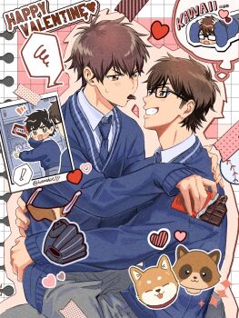Rule 34 | !, 2boys, ace of diamond, black-framed eyewear, blue necktie, blue sweater, blush, brown eyes, brown hair, candy, chocolate, chocolate bar, collared shirt, commentary request, face-to-face, food, glasses, grey pants, happy valentine, heart, highres, holding, holding chocolate, holding food, kusatakesi, male focus, miyuki kazuya, multiple boys, necktie, outline, pants, rectangular eyewear, sawamura eijun, shirt, sideburns, sitting, sitting on lap, sitting on person, smile, speech bubble, sticker, sweater, thought bubble, white shirt, yaoi
