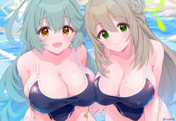 Rule 34 | 2girls, :d, abydos high school swimsuit, ahoge, aqua hair, bandaid, bare arms, bare shoulders, blonde hair, blue archive, blush, breast press, breasts, brown eyes, cleavage, closed mouth, commentary request, competition school swimsuit, day, green eyes, hair between eyes, hair bun, hair ornament, halo, highres, ima (lm ew), large breasts, light brown hair, long hair, looking at viewer, multiple girls, nonomi (blue archive), one-piece swimsuit, open mouth, outdoors, school swimsuit, sidelocks, smile, swimsuit, very long hair, water, yume (blue archive)
