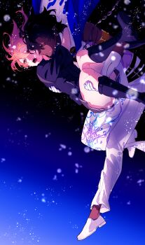 Rule 34 | 1boy, 1girl, absurdres, arjuna (fate), arjuna (third ascension) (fate), belt, black belt, black boots, black shirt, blue cape, boots, cape, carrying, commentary request, dark-skinned male, dark skin, fate/grand order, fate (series), fujimaru ritsuka (female), fujimaru ritsuka (female) (polar chaldea uniform), fuka (hk nemo), hair between eyes, highres, orange hair, pants, parted lips, pleated skirt, princess carry, shirt, short hair, skirt, white pants