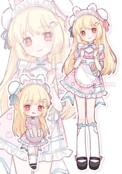 Rule 34 | 1girl, :q, animal ears, apron, artist name, black shoes, blonde hair, blue ribbon, blush stickers, bun cover, chibi, closed mouth, commentary, double bun, dress, frilled dress, frilled sleeves, frilled socks, frills, full body, hair bun, hands up, highres, holding, holding tray, kneehighs, long hair, looking at viewer, maid, maid headdress, multiple views, original, outline, pink dress, rabbit ears, red eyes, red ribbon, ribbon, shoes, short sleeves, simple background, smile, socks, standing, tongue, tongue out, tray, white apron, white background, white outline, white socks, yukomeow, zoom layer