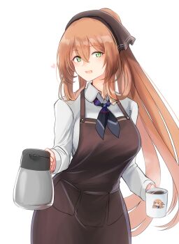 10eki_(tenchou) 1girl alternate_costume alternate_hairstyle apron blush breasts brown_apron brown_hair coffee_mug coffee_pot cup female_focus girls'_frontline green_eyes hair_between_eyes hair_ribbon hair_rings highres holding holding_cup holding_pot large_breasts long_hair long_sleeves looking_at_viewer mug open_mouth pants ponytail pot ribbon shirt sidelocks simple_background smile solo springfield_(girls'_frontline) white_background white_shirt