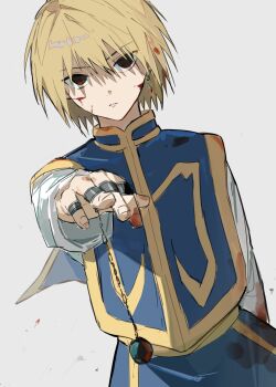 1boy blonde_hair blood blood_on_clothes blood_on_face blue_tabard commentary hand_chains highres hunter_x_hunter kurapika long_sleeves looking_at_viewer male_focus parted_lips red_eyes sevenlistening shirt short_hair simple_background solo symbol-only_commentary tabard teeth white_background white_shirt