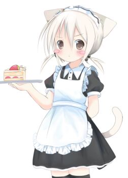 1girl apron arm_behind_back blush_stickers brown_eyes cake cake_slice cat_girl cat_tail collared_dress commentary cowboy_shot dress food frilled_apron frills hair_bobbles hair_ornament highres holding holding_tray low_twintails maid maid_headdress nyanko_(onlinepetclub) onlinepetclub original short_sleeves solo strawberry_shortcake symbol-only_commentary tail thighhighs tray twintails white_hair
