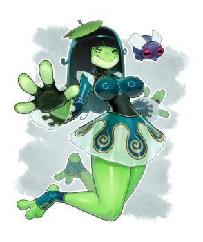 1girl black_corset black_gloves black_hair blunt_bangs breasts bug colored_skin commission corset derek_hetrick dress fewer_digits fingerless_gloves fly frog_girl full_body furawgi furry furry_female gloves green_dress green_skin hands_up highres horizontal_pupils indie_virtual_youtuber insect large_breasts lily_pad lily_pad_on_head long_hair long_sleeves narrow_waist oversized_bug short_dress smile solo stirrup_footwear virtual_youtuber