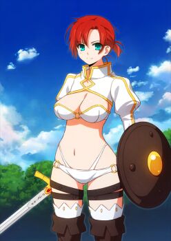 Rule 34 | 1girl, aotsuki takao, aqua eyes, bikini, blue sky, boots, boudica (fate), breasts, brown boots, cleavage, closed mouth, cloud, cropped jacket, curtained hair, day, fate/grand order, fate (series), feet out of frame, gluteal fold, high collar, holding, holding shield, holding sword, holding weapon, jacket, juliet sleeves, long sleeves, looking at viewer, low ponytail, navel, o-ring, o-ring bikini, official art, outdoors, ponytail, puffy sleeves, red hair, saitou chiwa, shield, short hair, short ponytail, sideboob, sky, smile, solo, standing, strapless, strapless bikini, swimsuit, sword, thigh boots, thigh strap, third-party source, voice actor connection, weapon, white bikini, white jacket