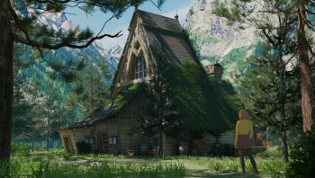 1girl 3d arms_at_sides black_pantyhose blue_sky brown_hair brown_skirt building commentary day facing_away forest from_behind full_body grass highres house ideun long_sleeves miniskirt mountain nature original outdoors pantyhose pine_tree pleated_skirt scenery shirt short_hair skirt sky solo standing tree yellow_shirt