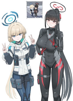 2girls absurdres black_bodysuit black_hair blonde_hair blue_archive blue_bodysuit blue_eyes blunt_bangs blush bodysuit breasts closed_mouth commentary cowboy_shot double_v dwi_c english_commentary halo highres hood hood_down hooded_jacket jacket large_breasts long_hair long_sleeves looking_at_viewer multicolored_jacket multiple_girls official_alternate_costume ponytail red_eyes reference_inset rio_(armed)_(blue_archive) rio_(blue_archive) standing toki_(armed)_(blue_archive) toki_(blue_archive) two-tone_jacket v very_long_hair white_jacket