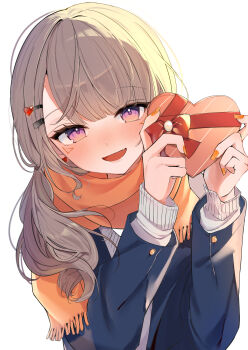 Rule 34 | 1girl, absurdres, blonde hair, blue jacket, blush, bow, breasts, chocolate, facial mark, fang, hair between eyes, hair ornament, heart, highres, holding, jacket, karikaridi, komori met, long sleeves, looking at viewer, low twintails, nail polish, necktie, open mouth, purple eyes, scarf, shirt, simple background, smile, solo, twintails, valentine, virtual youtuber, vspo!, white background, white shirt