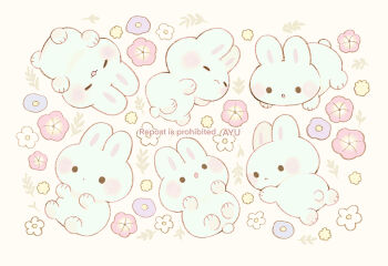 Rule 34 | :<, :3, :d, :o, animal, animal focus, artist name, ayu (mog), blush stickers, closed eyes, closed mouth, commentary, commentary request, english commentary, flower, leaf, mixed-language commentary, no humans, open mouth, original, pink background, pink flower, purple flower, rabbit, romaji commentary, smile, solid circle eyes, watermark, white flower