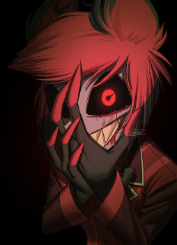 1boy :d absurdres alastor_(hazbin_hotel) antlers black_background black_bow black_bowtie black_hair black_sclera blood blood_from_mouth bloody_tears bob_cut bow bowtie chromatic_aberration colored_sclera colored_skin colored_teeth colored_tips commentary_request covering_one_eye deer_antlers eye_focus fewer_digits film_grain from_above glowing glowing_eye grey_skin grin hair_horns hands_up hazbin_hotel hellaverse highres horns jacket lapels long_sleeves looking_at_viewer male_focus menma_(enaic31) multicolored_hair notched_lapels open_mouth red_eyes red_hair red_jacket sharp_teeth short_hair signature smile solo striped_clothes striped_jacket swept_bangs teeth two-tone_hair upper_body vertical-striped_clothes vertical-striped_jacket vignetting wide-eyed yellow_teeth