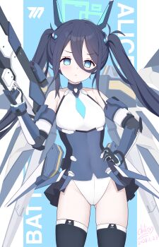 1girl absurdres aqua_eyes aris_(armed)_(blue_archive) aris_(blue_archive) bare_shoulders black_hair black_thighhighs blue_archive breasts closed_mouth collarbone commentary_request gun hair_between_eyes hand_on_own_hip highres holding holding_gun holding_weapon long_hair_between_eyes looking_at_viewer medium_breasts midriff shirt sichuan_luo_li sleeveless sleeveless_shirt solo thighhighs twintails weapon