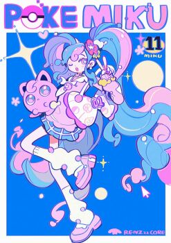 1girl :< absurdres artist_name bag blue_background blue_eyes blue_hair cardigan character_name choker collared_shirt curly_hair cursor earrings fairy_miku_(project_voltage) fish_sprite_(pokemon) flower fossil_sprite_(pokemon) full_body gen_1_pokemon hair_flower hair_ornament hatsune_miku heart heart-shaped_pupils heart_choker highres jewelry jigglypuff loafers loose_socks miniskirt multicolored_hair neckerchief nintendo one_eye_closed open_mouth pillow pink_cardigan pink_eyes pink_hair pink_nails pink_shoes plaid_clothes plaid_skirt poke_ball poke_ball_(basic) pokemon pokemon_(creature) print_pillow project_voltage renzhi00334233 scrunchie shirt shoes shoulder_bag skirt socks sparkle symbol-shaped_pupils teeth twintails two-tone_hair upper_teeth_only v vocaloid white_neckerchief white_shirt wrist_scrunchie