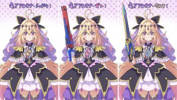 Rule 34 | 1girl, absurdres, ahoge, arm blade, arm cannon, black bow, black dress, black thighhighs, blonde hair, bow, commentary request, cure arcana shadow, dress, earrings, hair bow, highres, jewelry, kamen rider, kamen rider zeztz (series), long hair, meitantei precure!, nox driver, pink eyes, polka dot, polka dot background, precure, pun, somechime (sometime1209), thighhighs, very long hair, weapon