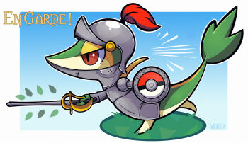 armor border clothed_pokemon commentary english_commentary french_text from_side full_body gen_5_pokemon helmet highres holding holding_sword holding_weapon nintendo no_humans pokemon pokemon_(creature) red_eyes signature snivy solo sword walking weapon white_border woofzilla