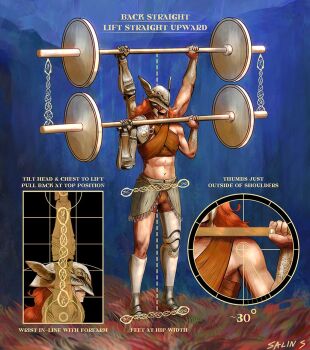 1girl abs barbell barefoot blue_background covered_eyes elden_ring english_text exercising helmet helmet_over_eyes malenia_blade_of_miquella multiple_views muscular muscular_female prosthesis prosthetic_leg red_hair rinboz signature simple_background squat_(exercise) winged_helmet workout_clothes