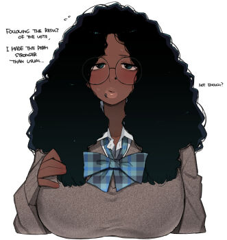 1girl alternate_hair_length alternate_hairstyle big_hair black_hair blue_ribbon blush breasts broccoli_(ohasi) cardigan collared_shirt commentary dark-skinned_female dark_skin face_piercing flying_sweatdrops gradient_hair half-closed_eyes hand_on_own_chest hand_up kinky_hair large_breasts lip_piercing long_hair long_sleeves looking_at_viewer multicolored_hair neck_ribbon nose_piercing nostril_piercing ohasi original parted_lips piercing ribbon school_uniform shirt side_labret_piercing sleeves_past_wrists solo sweat symbol-only_commentary thick_lips very_dark_skin