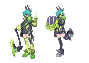 absurdres axe belt boots chinese_commentary commentary dress fire genderswap genderswap_(mtf) goz-zz green_fire green_hair highres holding_flame kamen_rider kamen_rider_zeztz kamen_rider_zeztz_(series) rider-tan rider_belt short_hair shoulder_belt sleep_mask