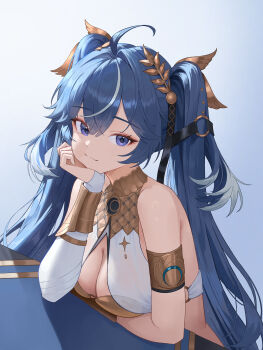 1girl absurdres ahoge armlet bare_shoulders blue_eyes blue_hair breasts cleavage closed_mouth commentary cyanillust gold_bra gradient_background hair_belt head_rest highres iuno_(wuthering_waves) jewelry laurel_crown light_blush long_hair looking_at_viewer medium_breasts multicolored_hair smile solo streaked_hair twintails upper_body vambraces wuthering_waves