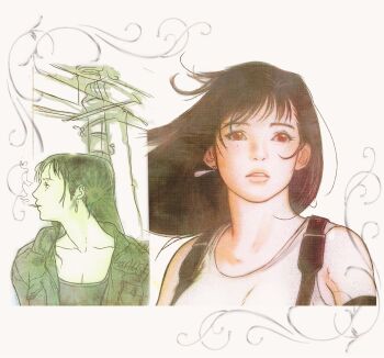 1girl alternate_costume bare_shoulders black_gloves black_hair black_jacket black_shirt breasts cigarette earrings elbow_gloves final_fantasy final_fantasy_vii gloves highres jacket jewelry lockhartpng long_hair looking_to_the_side medium_breasts multiple_views parted_lips red_eyes shirt single_earring sketch sleeveless sleeveless_shirt smoking solo suspenders tifa_lockhart upper_body white_shirt