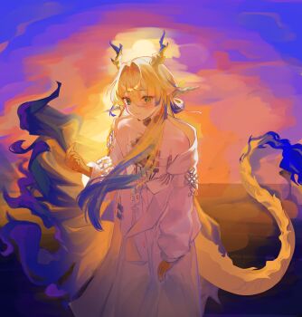 1girl absurdres arknights bare_shoulders blonde_hair colored_extremities dragon_girl dragon_horns dragon_tail dress eastern_dragon_horns eastern_dragon_tail eyeliner flat_chest hair_between_eyes highres horns karyou_dayo long_hair looking_at_viewer makeup orange_eyeliner shirt shu_(arknights) sky smile solo strapless strapless_shirt sunset tail tube_top white_tube_top yellow_hands