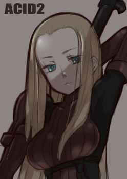 1girl blonde_hair bodysuit breasts closed_mouth commentary_request female_focus gloves gun long_hair looking_at_viewer metal_gear_(series) metal_gear_acid metal_gear_acid_2 simple_background solo tank_(artist) venus_(mga) weapon
